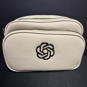 NEW Spacious 100% Vegan Leather Beige Crossbody Bag with Gun Metal Logo Design